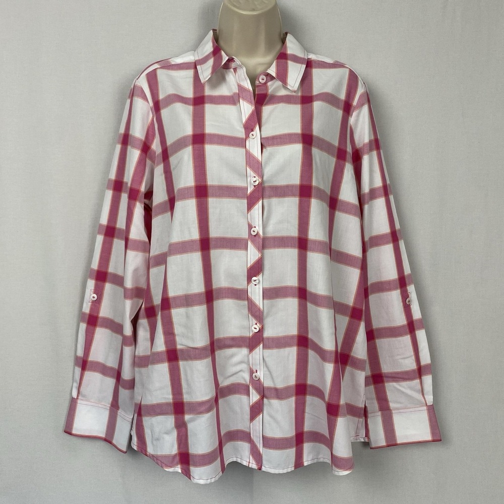 Foxcroft Wrinkle Free Relaxed Top Womens 14 Pink Plaid Button Up Roll Tab Sleeve